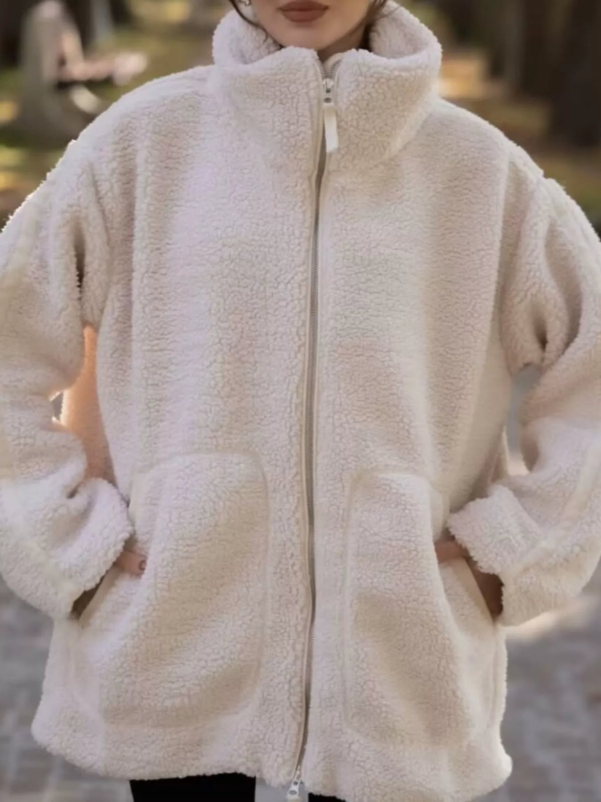 sherpa zip-up outerwear | dropsona - neutral - close-up detail