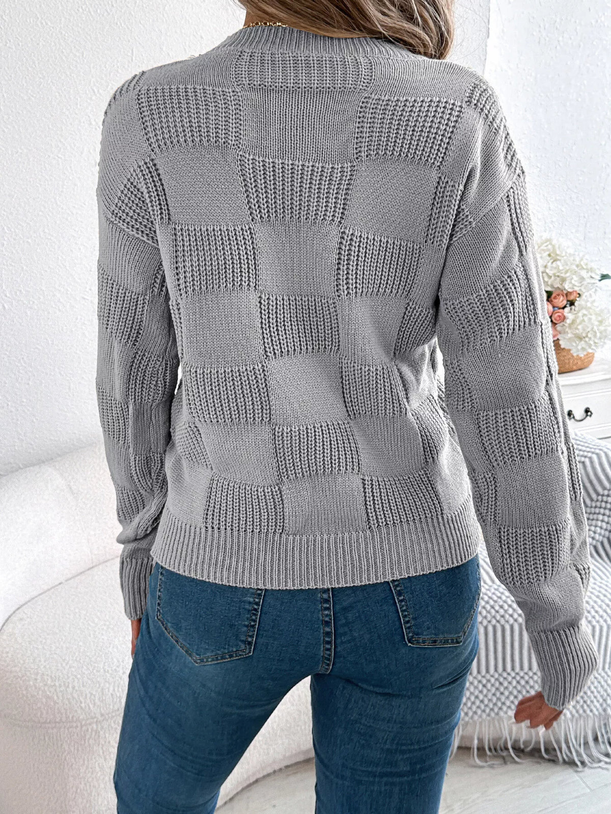 checkerboard textured knit sweater | dropsona - neutral - usage example
