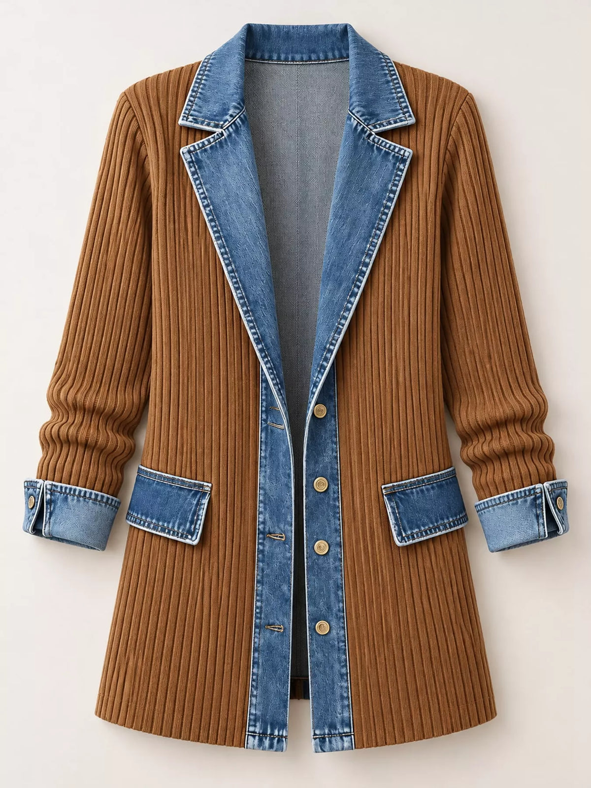 full size denim trim ribbed knit cardigan plus | dropsona - neutral - size reference