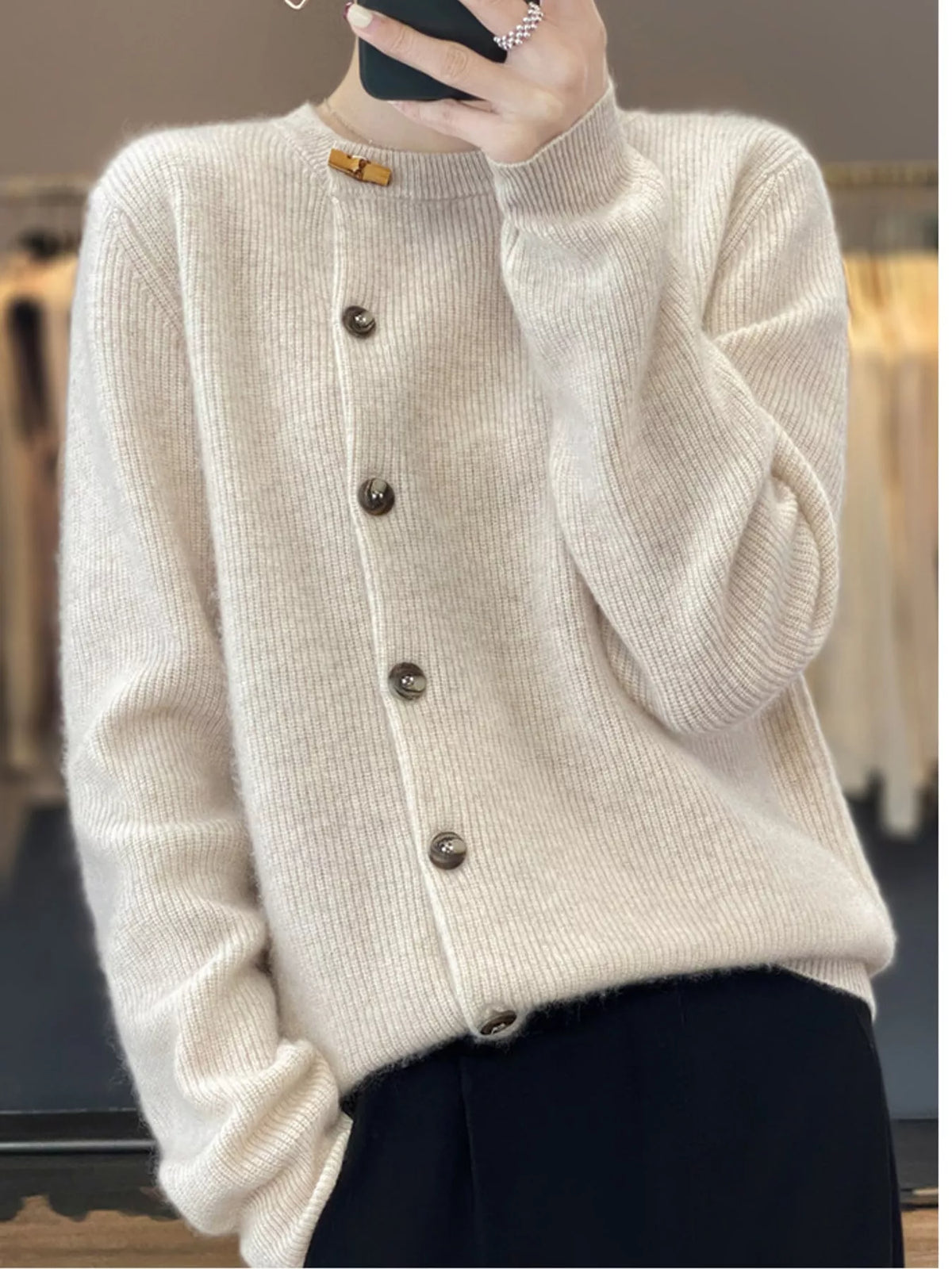 ribbed knit asymmetrical button cardigan | dropsona - neutral - size reference