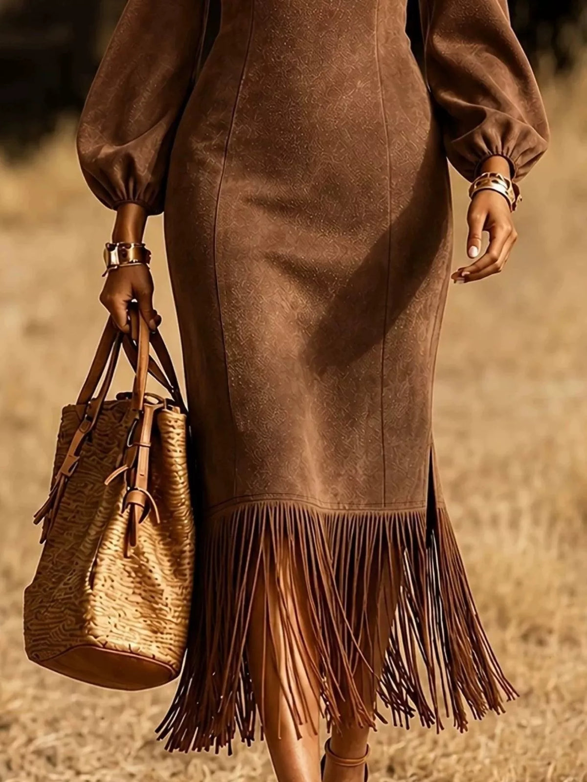 fringe round neck balloon sleeve dress – | dropsona - neutral - front view