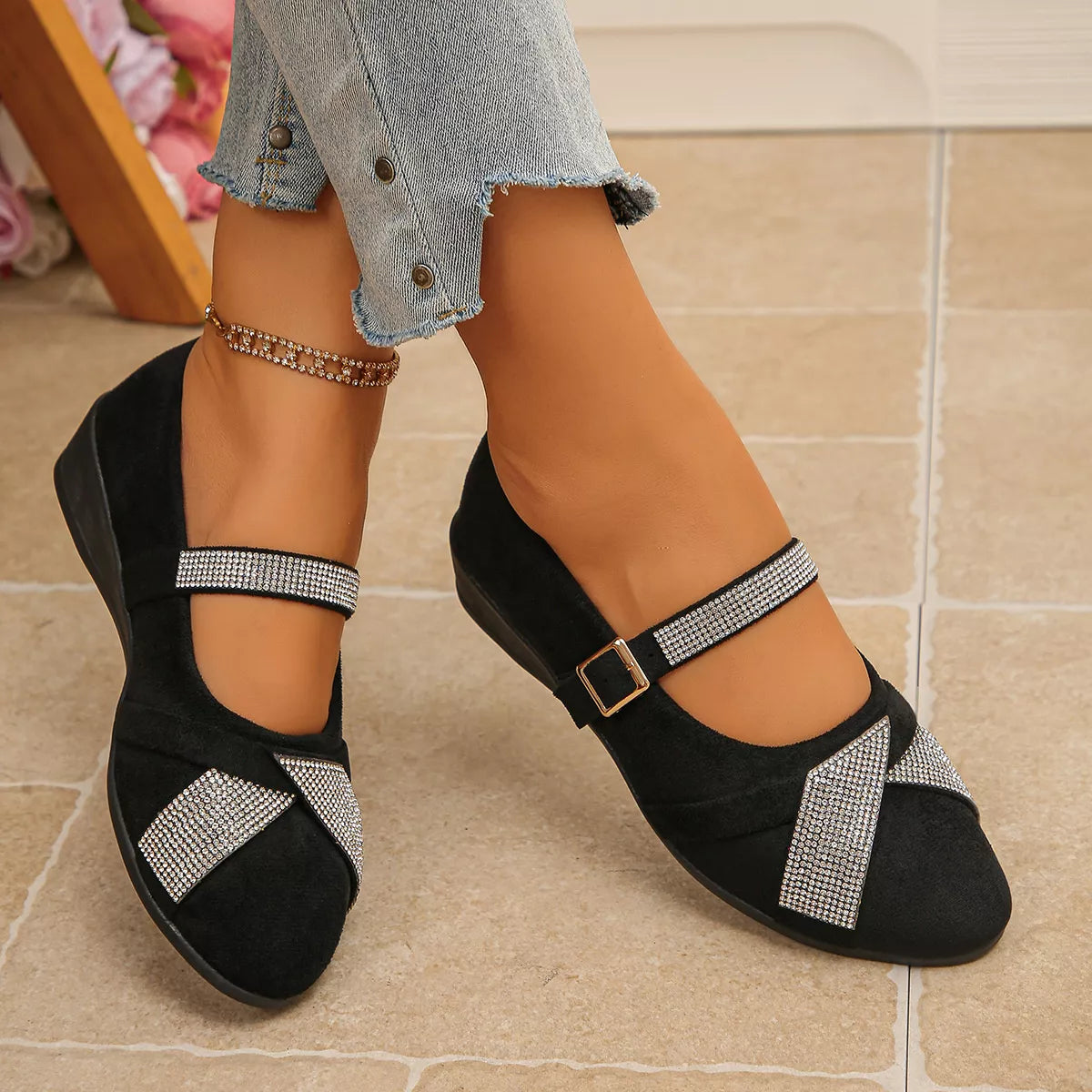rhinestone embellished suede loafers with adjustable | dropsona - neutral - material texture