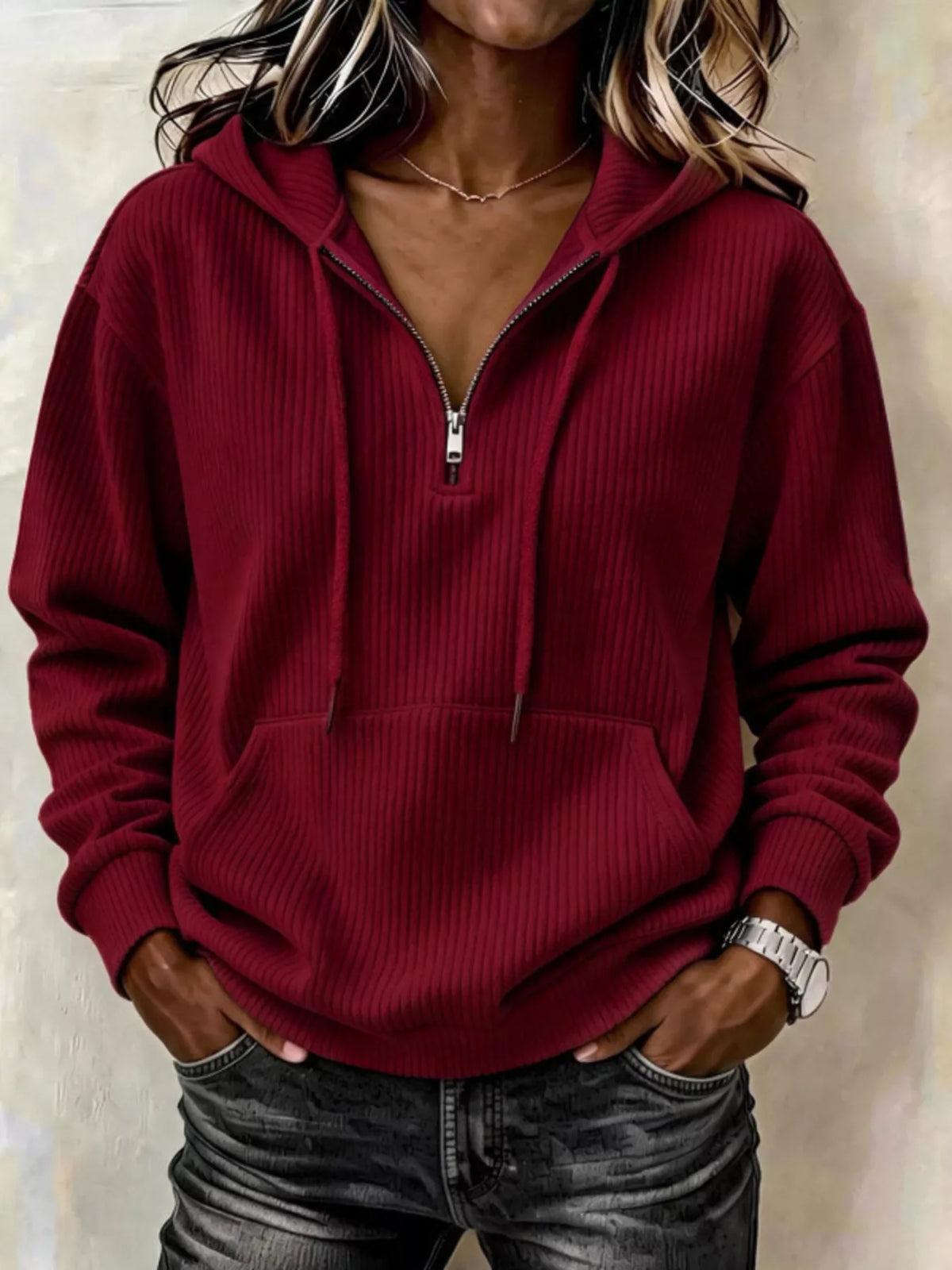 ribbed knit quarter-zip hoodie | dropsona - neutral - packaging