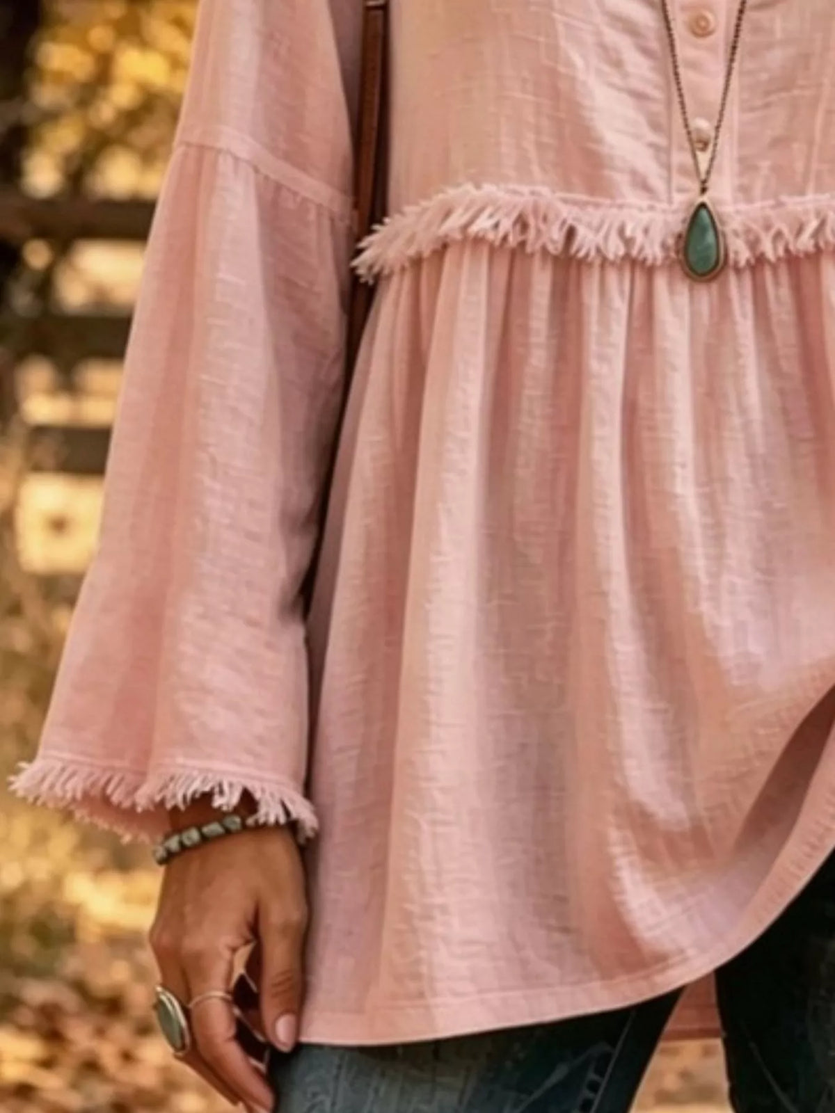 full size fringed button detail blouse plus | dropsona - neutral - front view