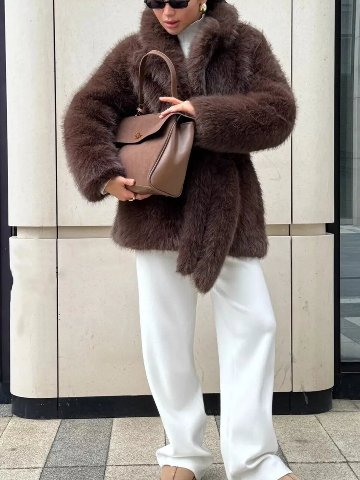 faux fur belted winter outerwear – thermal fit | dropsona - neutral - material texture