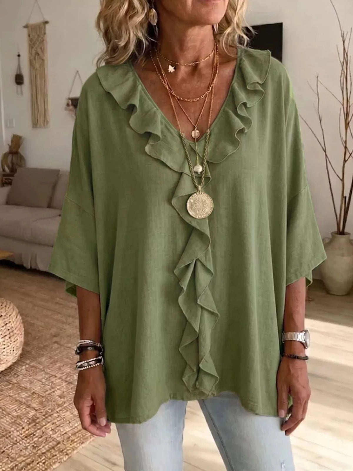 full size ruffle v-neck 3/4 sleeve blouse plus | dropsona - neutral - close-up detail