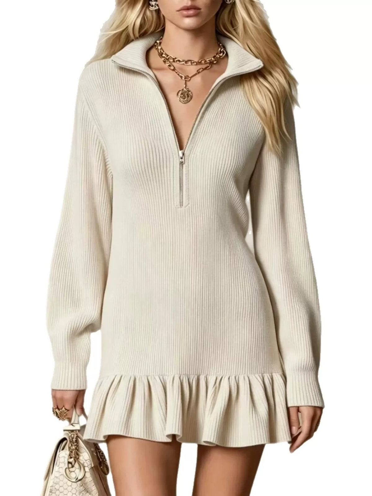 full size half zip ruffled hem dress plus | dropsona - neutral - front view