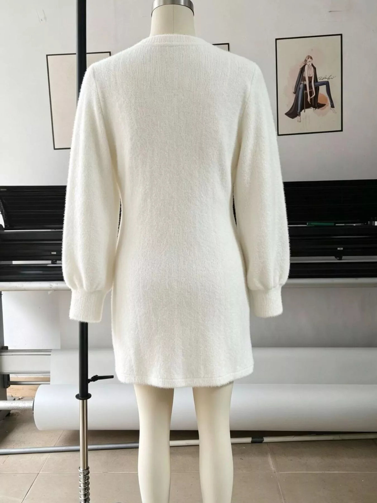 fuzzy v-neck long sleeve sweater dress – basic style | dropsona - neutral - front view