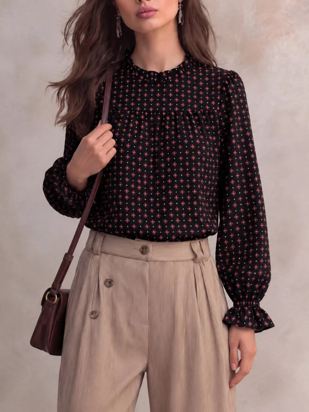 geometric print mock neck puff sleeves blouse | dropsona - neutral - size reference