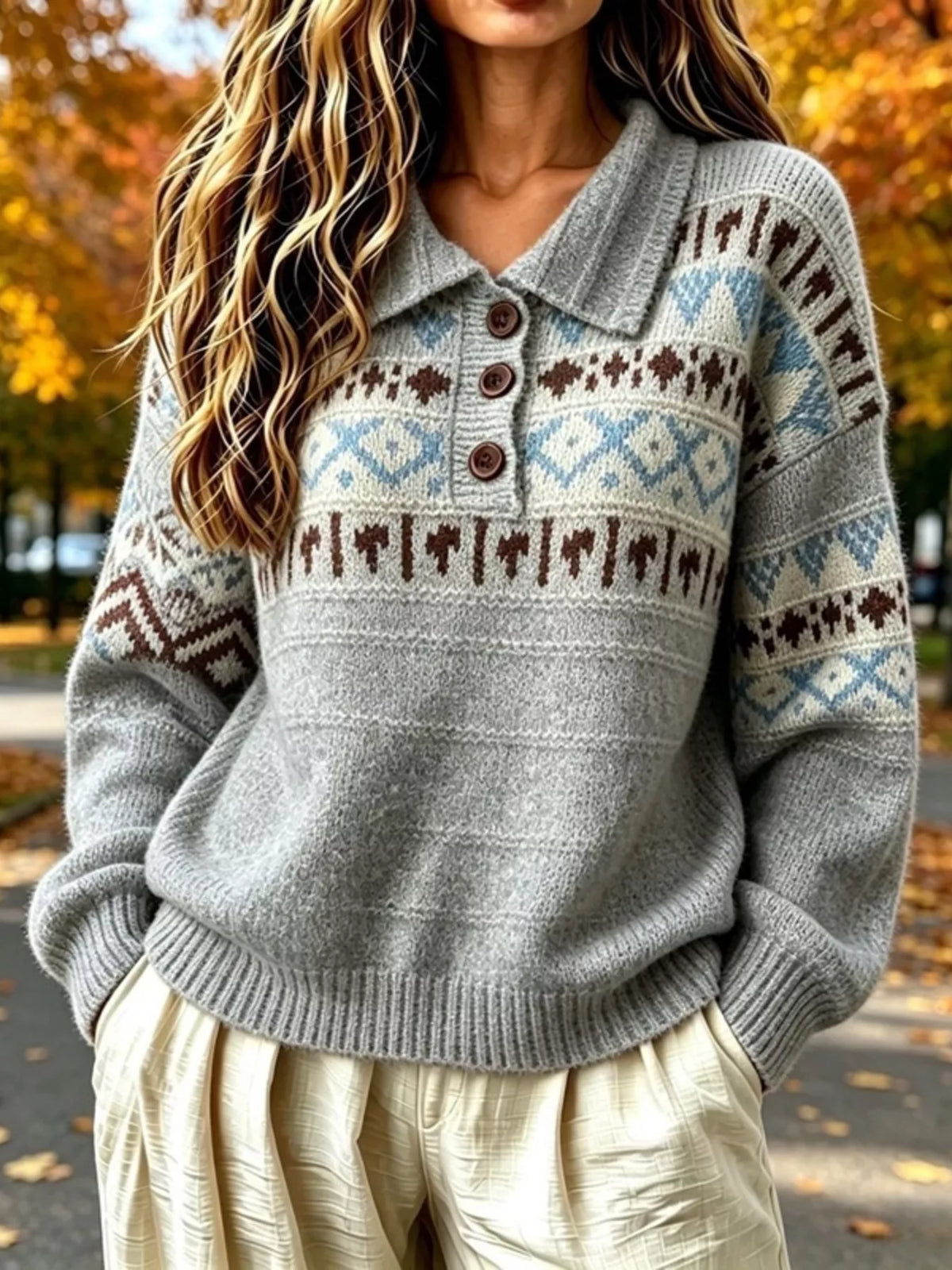 full size vintage fair isle pattern polo collar | dropsona - neutral - usage example