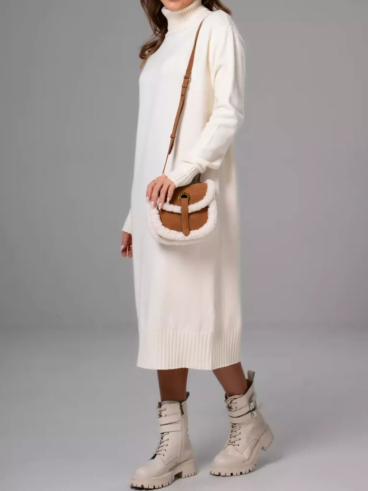 turtleneck ribbed knit sweater dress | dropsona - neutral - size reference