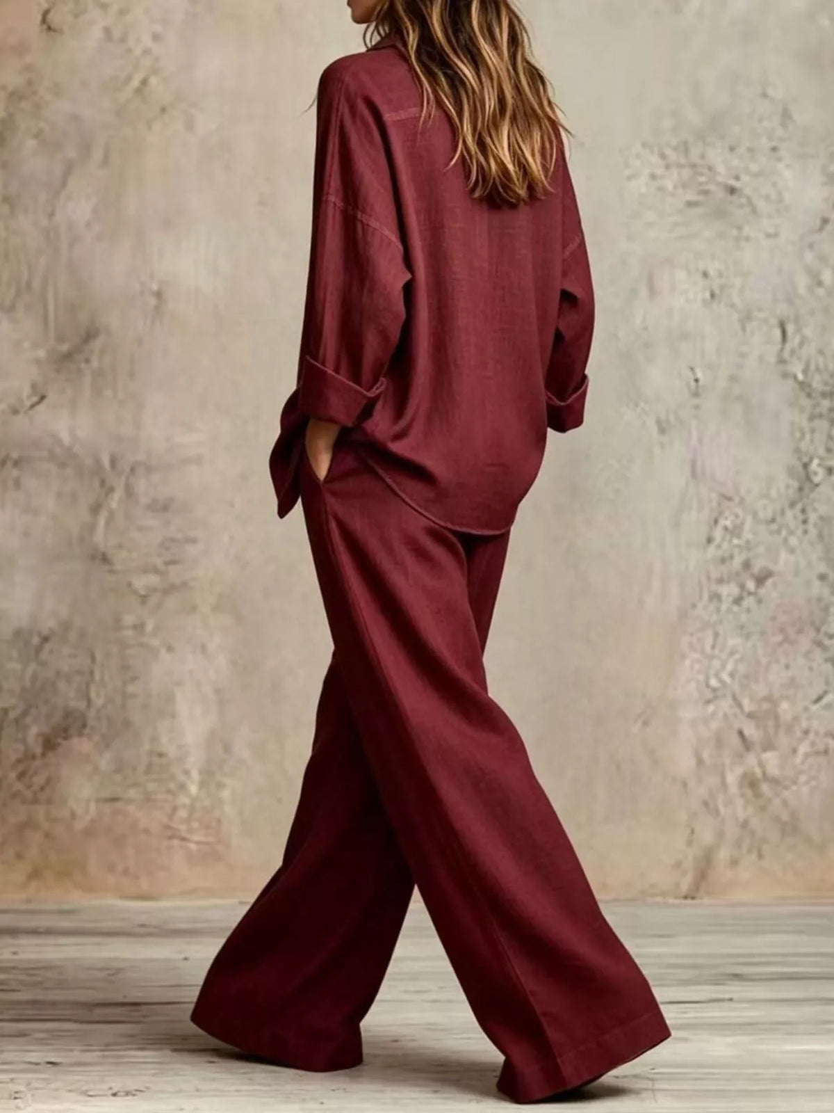 full size button-down shirt and wide-leg pants set | dropsona - neutral - usage example