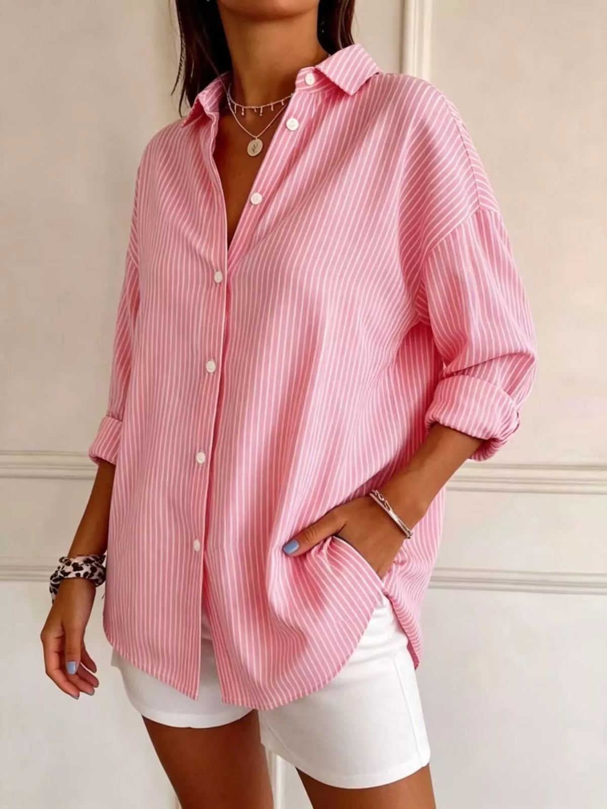 full size striped button-down long sleeve shirt plus | dropsona - neutral - packaging