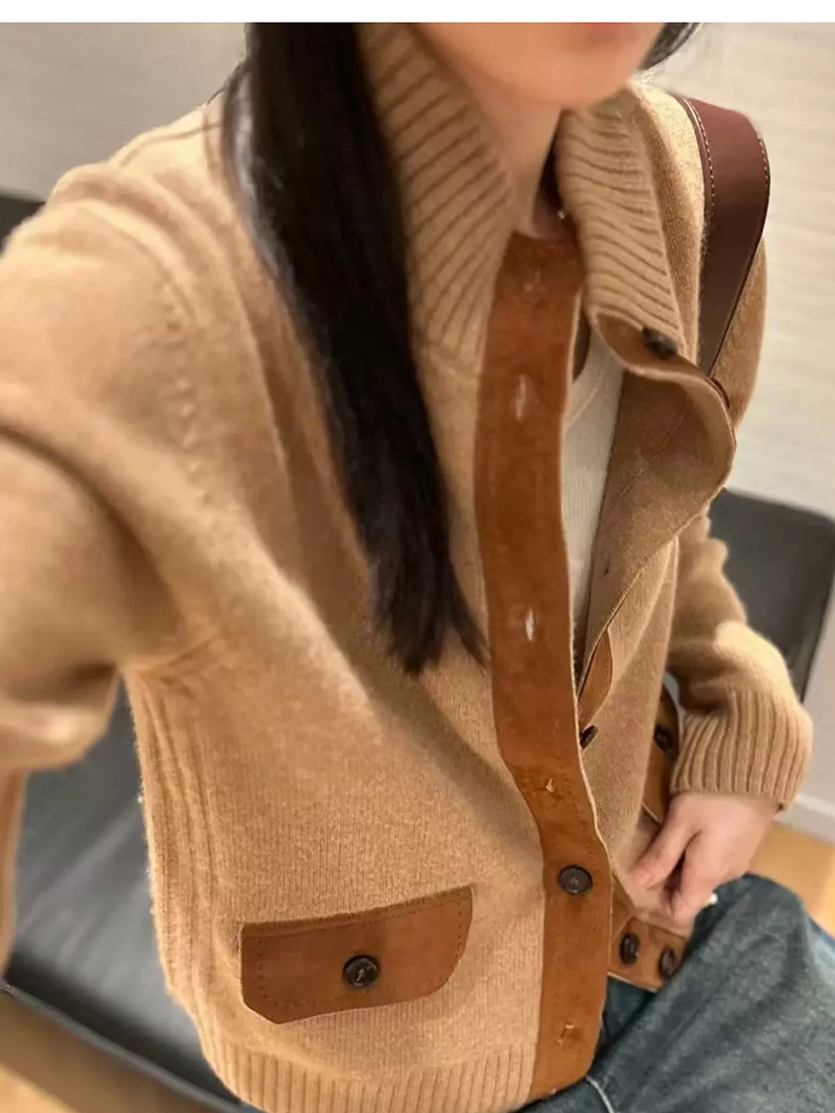 ribbed-knit mock neck cardigan – buttoned,pocketed fit | dropsona - neutral - usage example