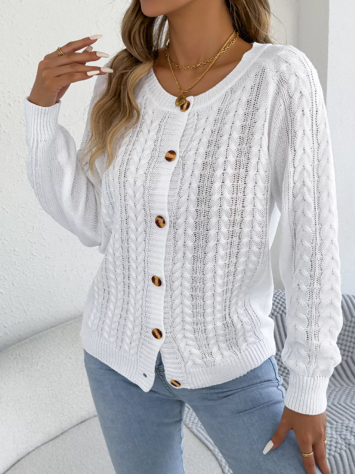 cable knit button-front cardigan – cable-knit,buttoned | dropsona - neutral - close-up detail