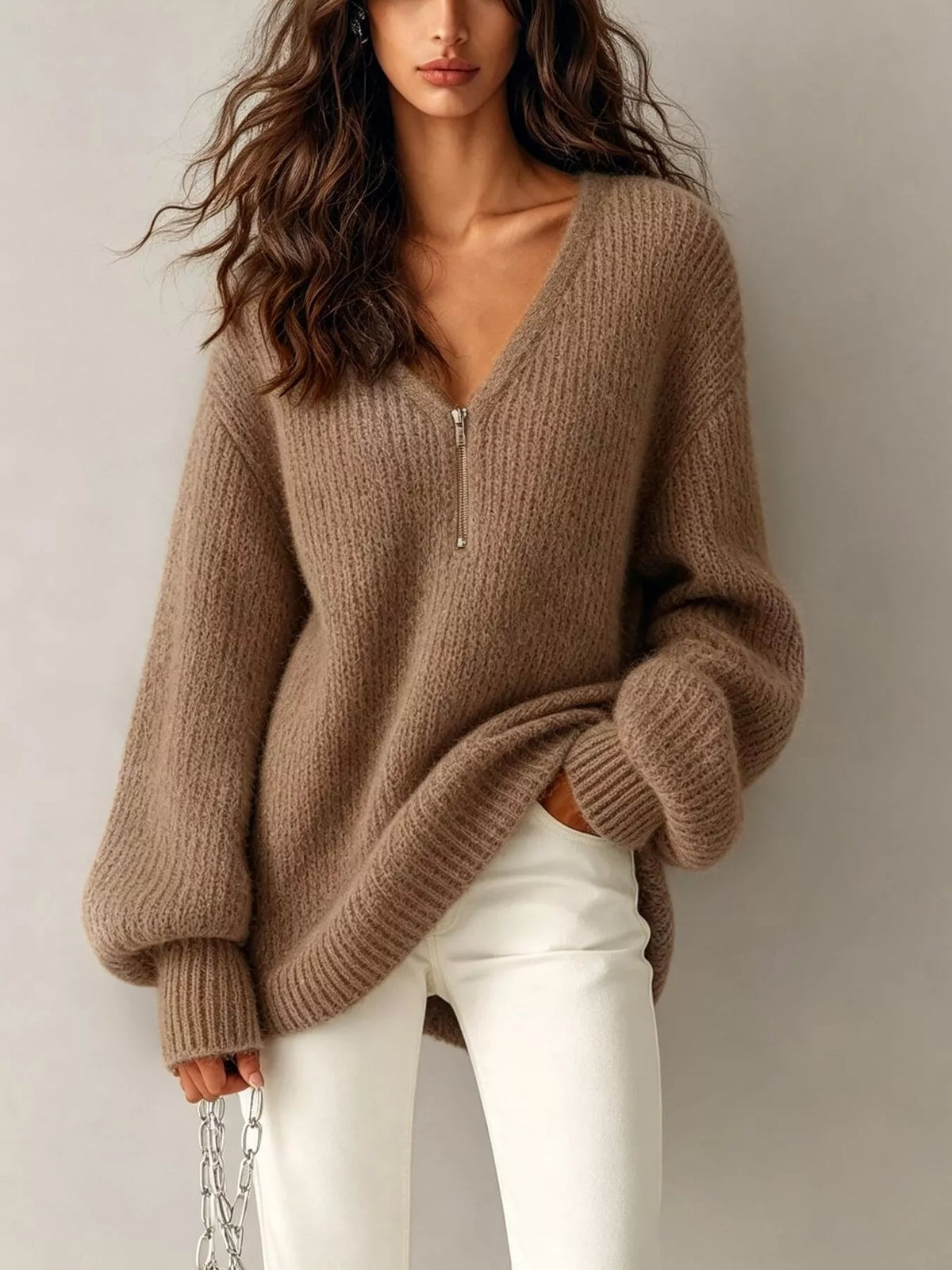 quarter zip dropped shoulder sweater – zipper | dropsona - neutral - material texture