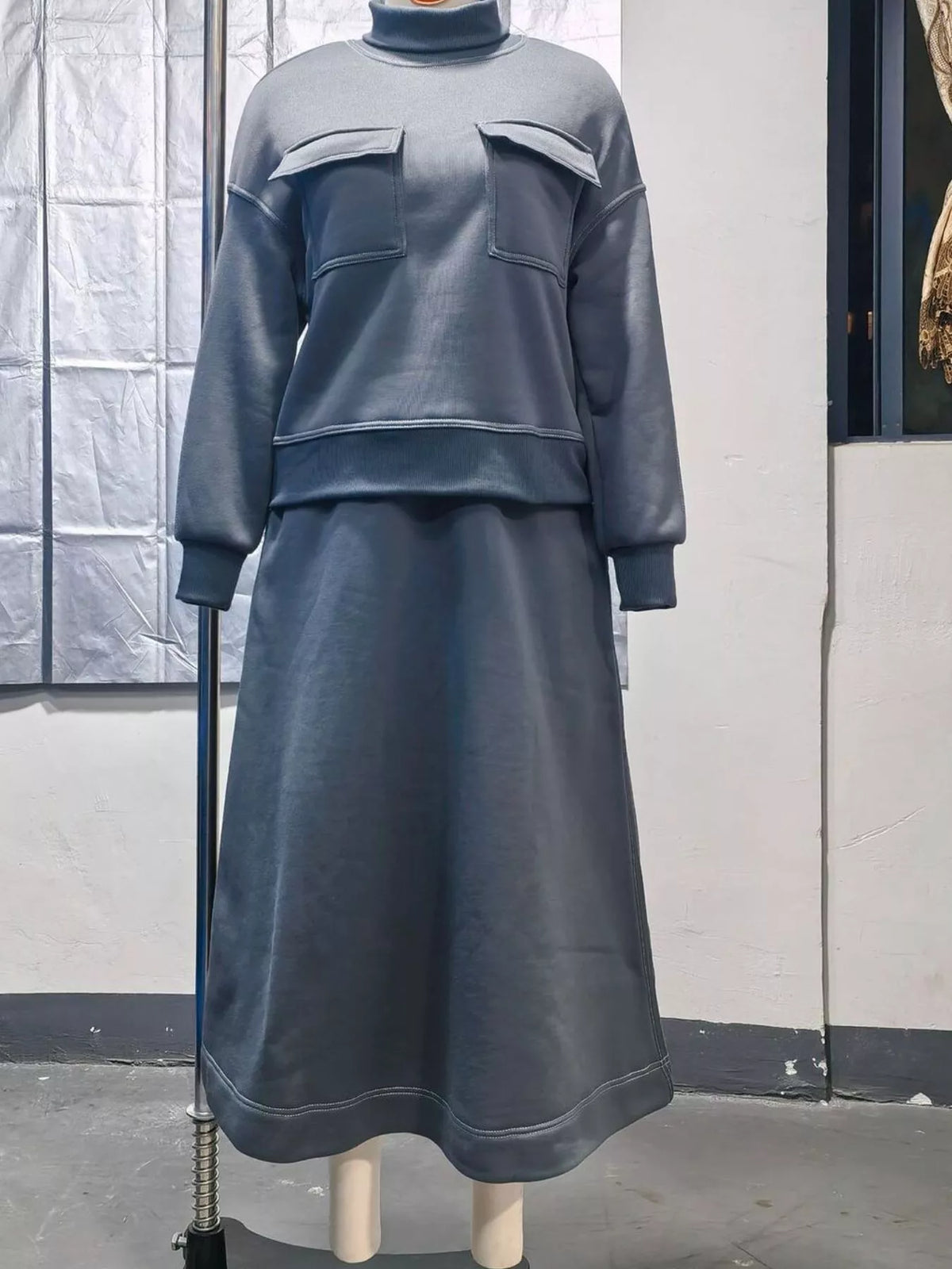 turtleneck knit top and midi skirt set | dropsona - neutral - close-up detail