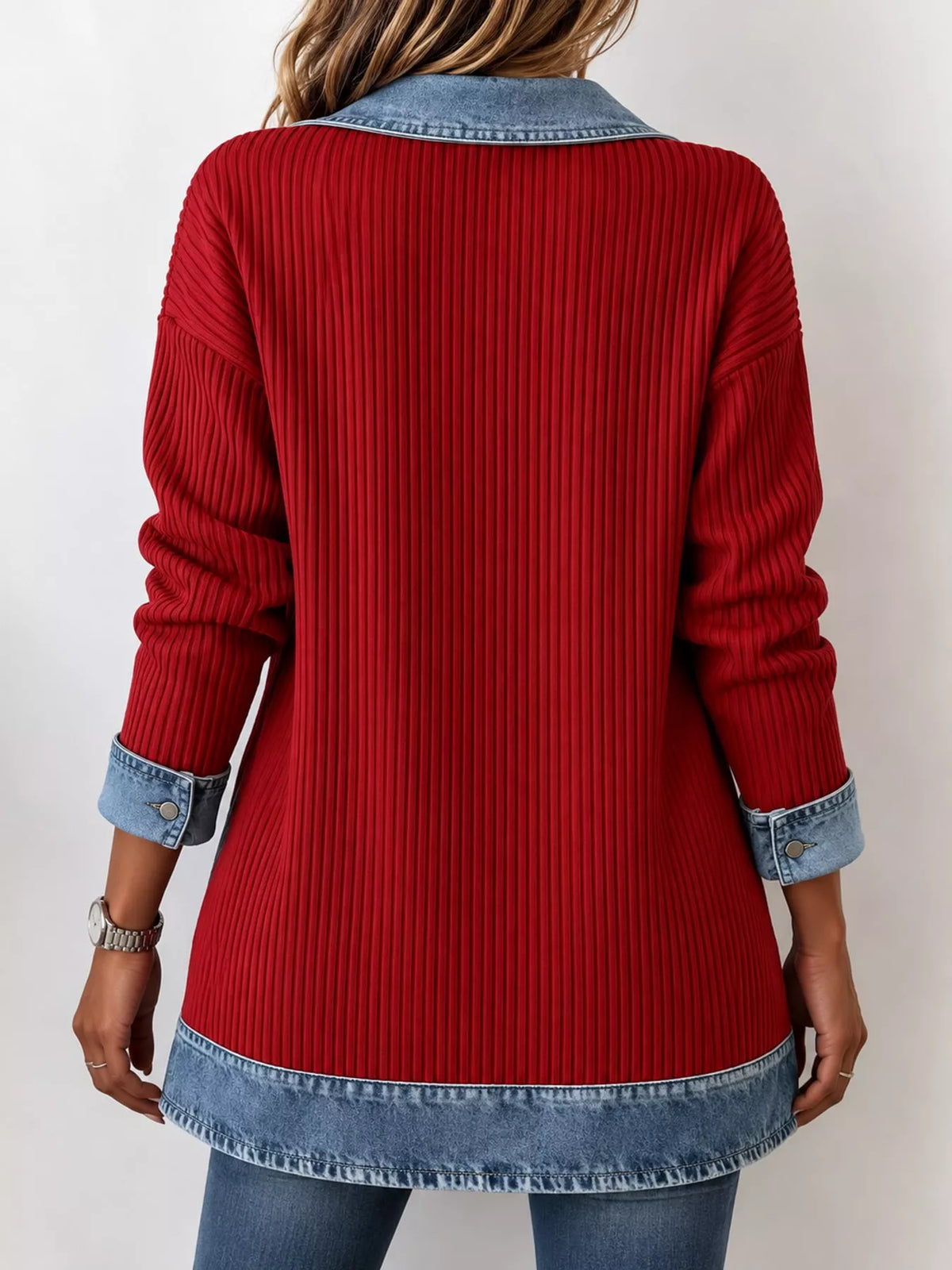 full size denim trim ribbed knit cardigan plus | dropsona - neutral - front view