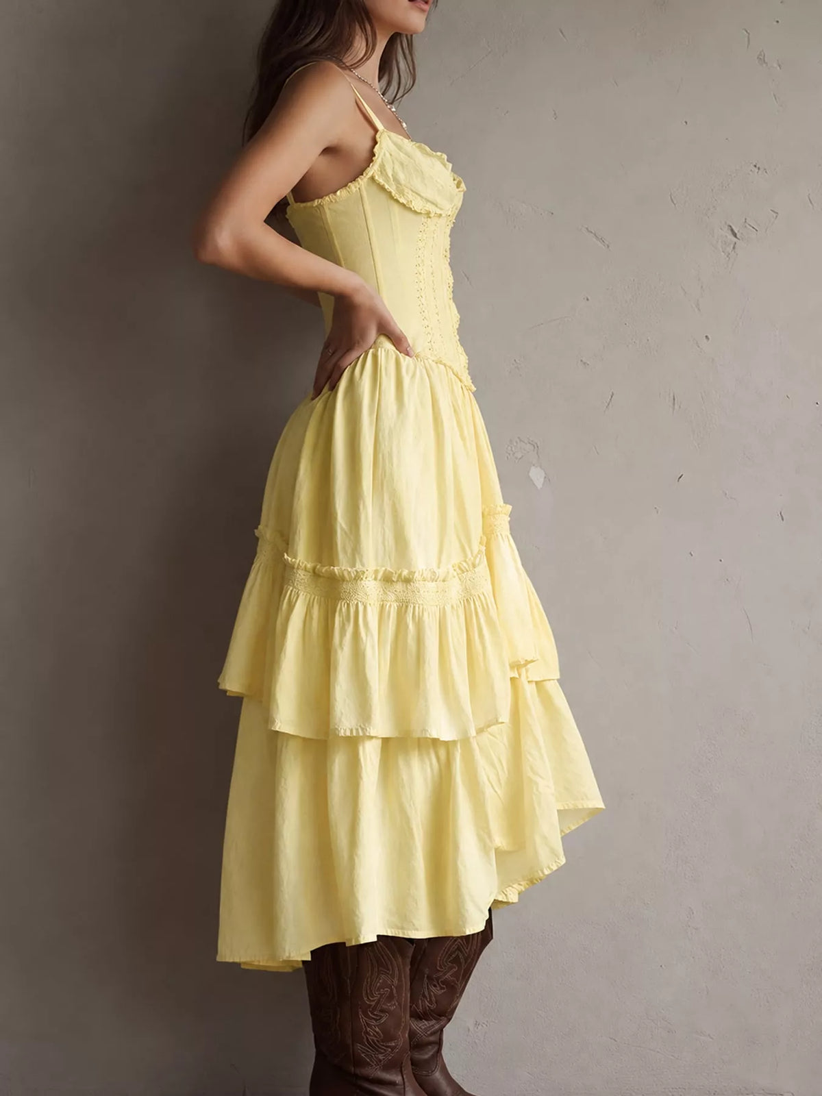 full size layered ruffle midi dress plus | dropsona - neutral - close-up detail