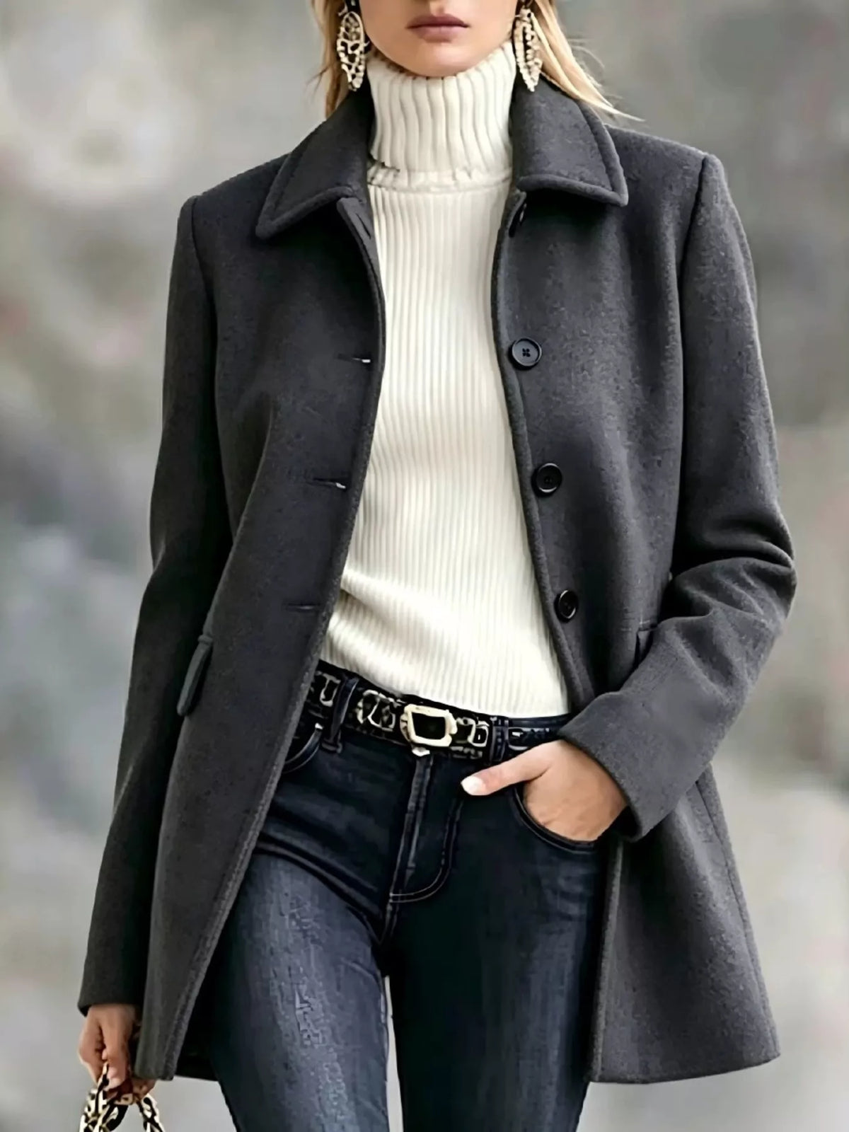 button up longline coat – buttoned | dropsona - neutral - close-up detail