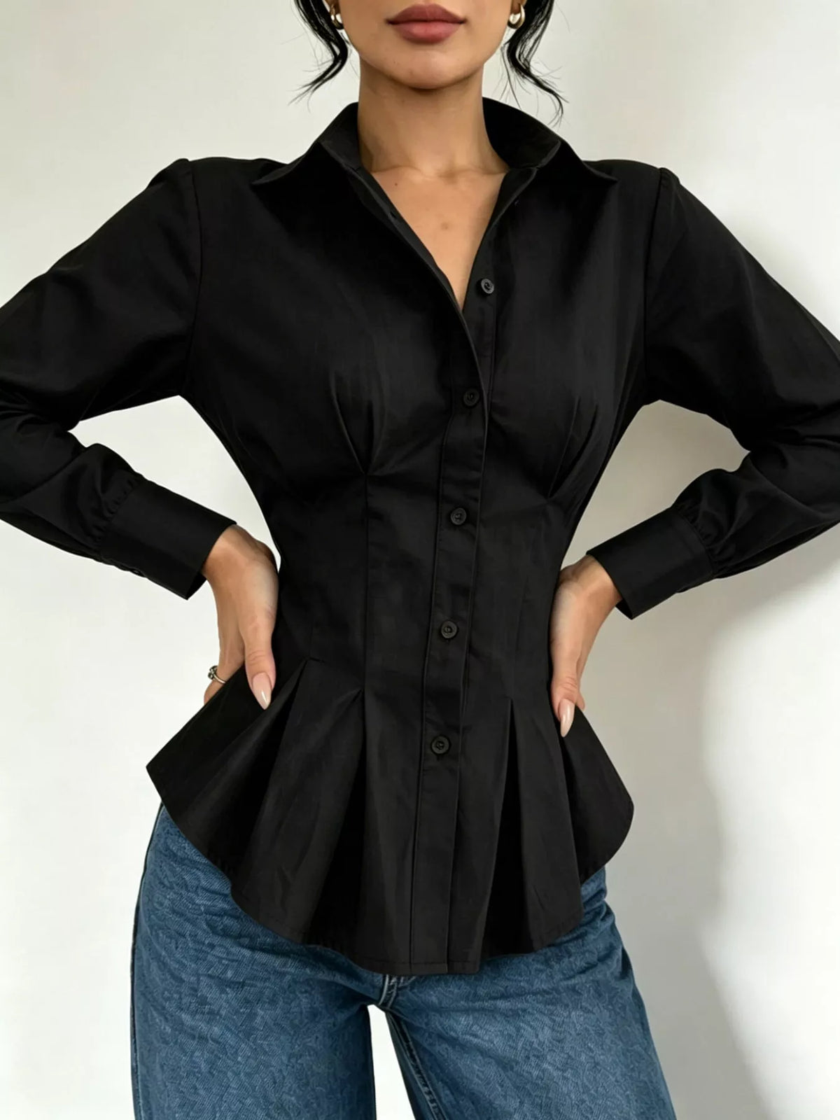 button-down peplum blouse with fitted waist | dropsona - neutral - close-up detail