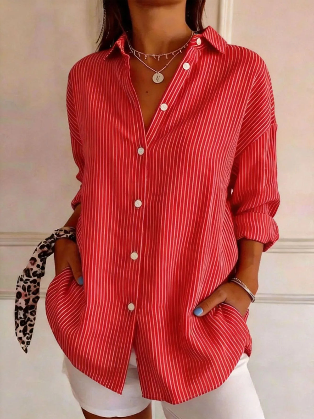 full size striped button-down long sleeve shirt plus | dropsona - neutral - front view