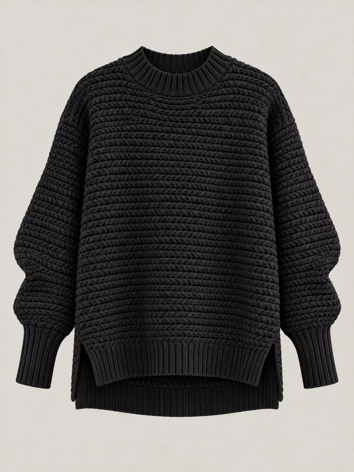 side slit textured knit sweater – ribbed,slit fit | dropsona - neutral - close-up detail