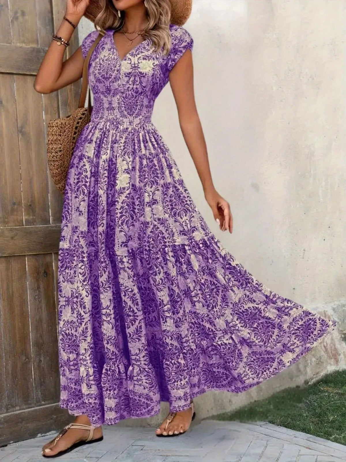 printed cap sleeve maxi dress – tiered,smocked | dropsona - neutral - front view