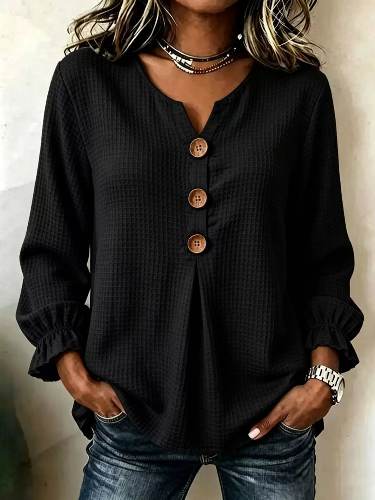 waffle knit long sleeve top | dropsona - neutral - front view