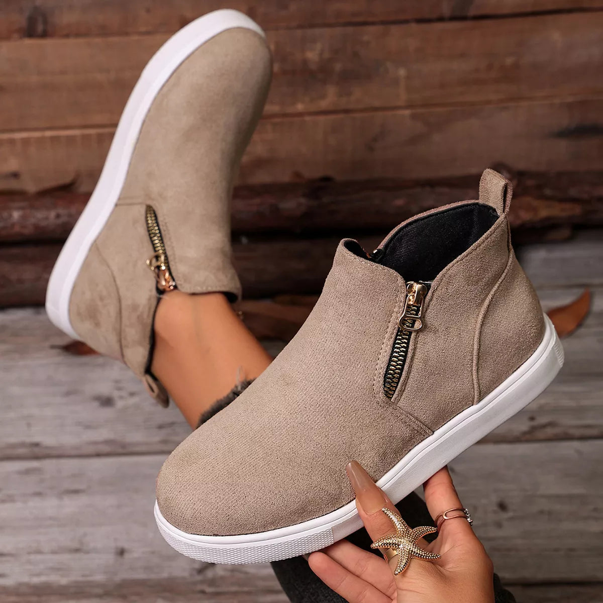 side zipper flat sneakers – modern steps | dropsona - neutral - packaging
