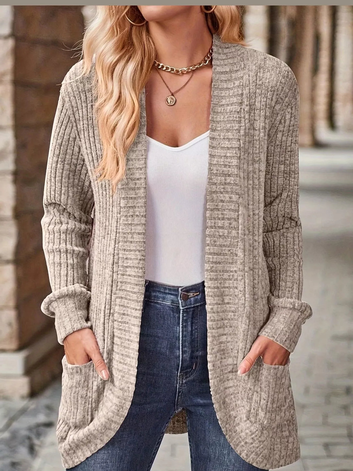 ribbed knit open front cardigan with pockets | dropsona - neutral - material texture