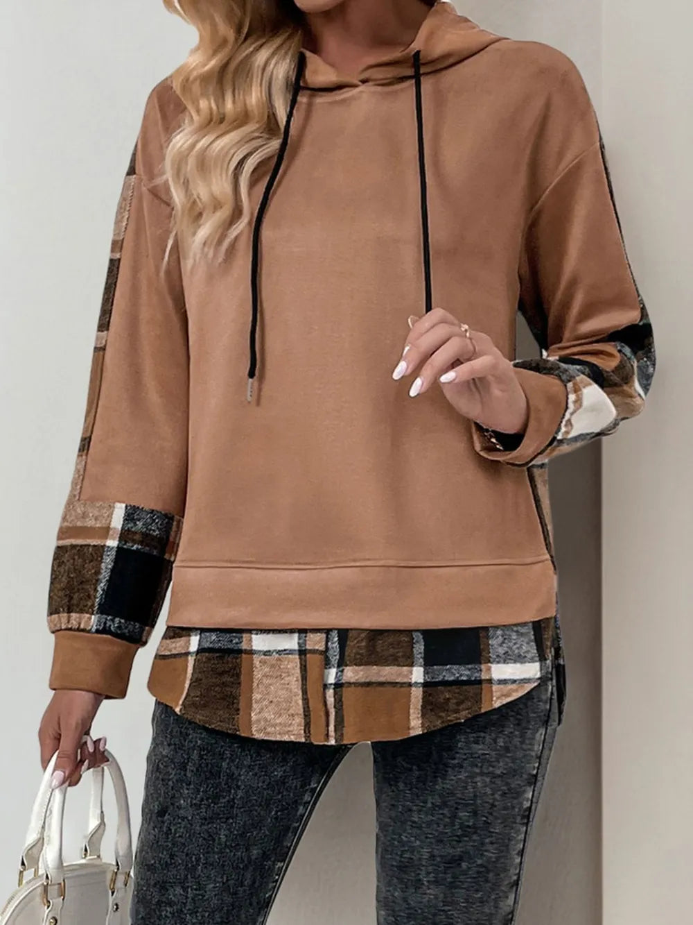 perfee drawstring slit plaid long sleeve hoodie | dropsona - neutral - size reference