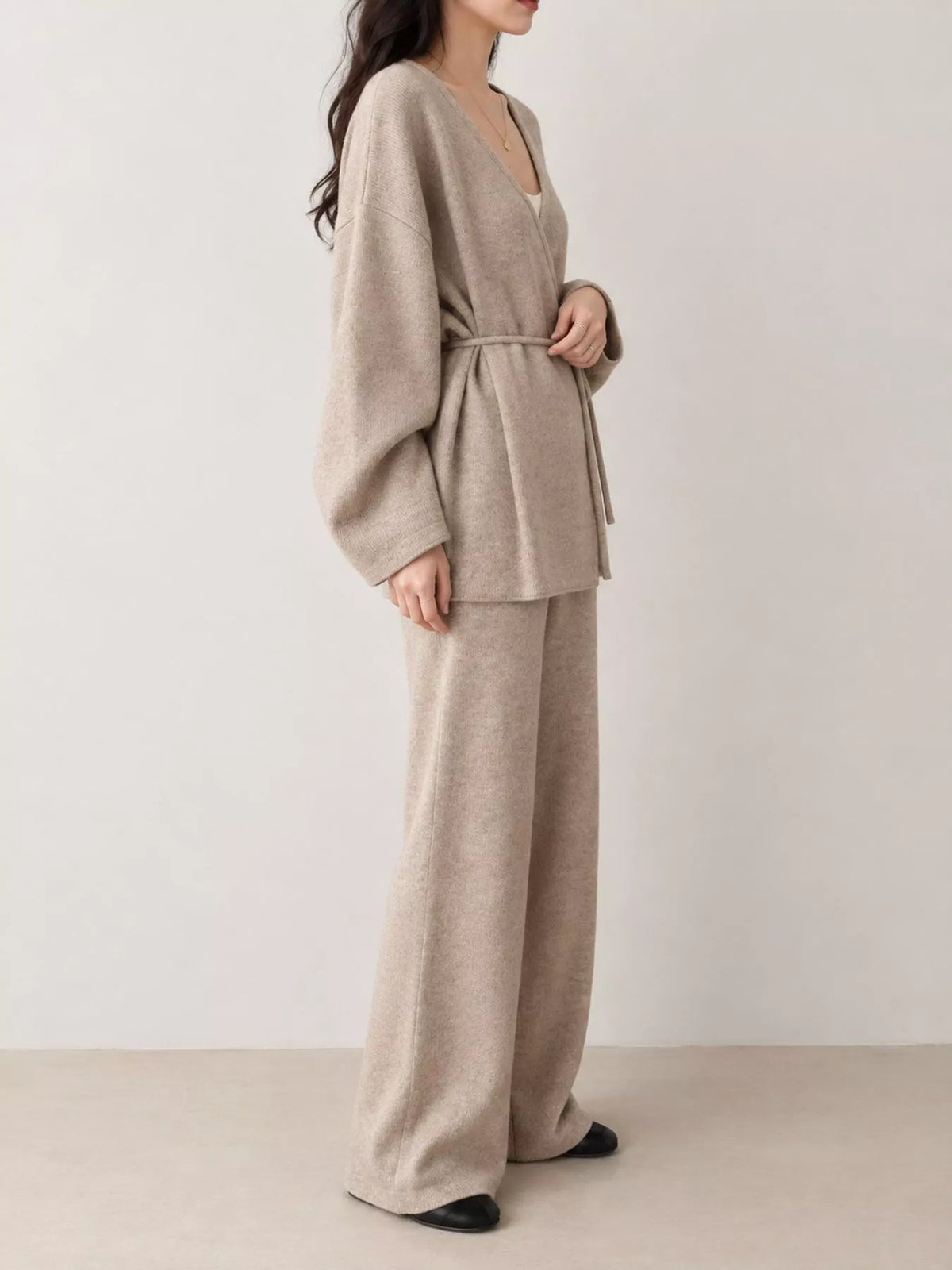 v-neck tied wrap cardigan and wide-leg pants sweater | dropsona - neutral - material texture