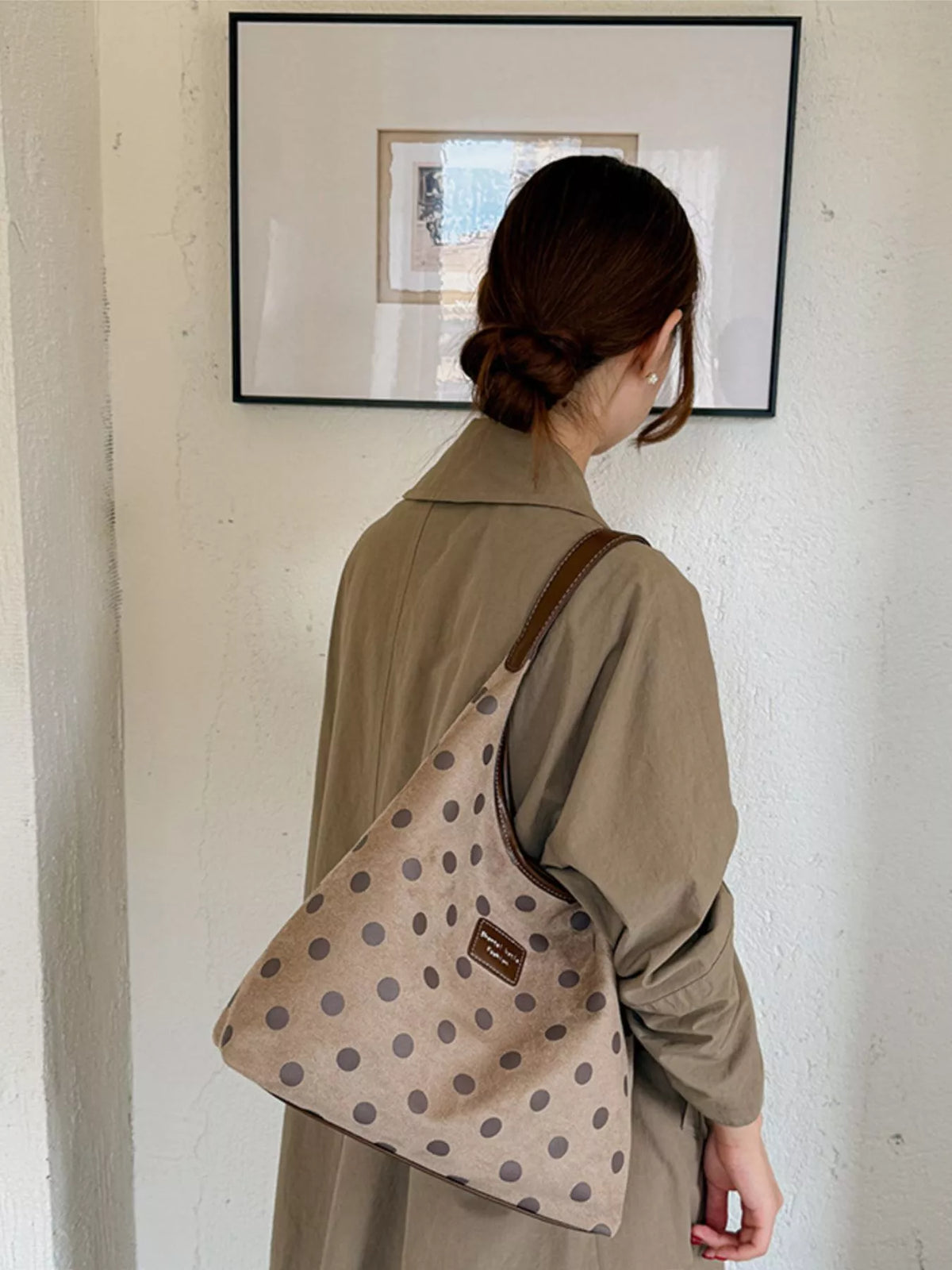 vintage polka dot suede shoulder bag – stylish sling | dropsona - neutral - front view