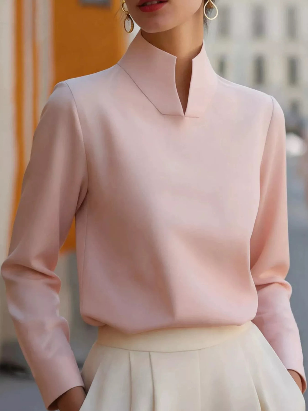 stand-collar long sleeve blouse – basic style fit | dropsona - neutral - material texture