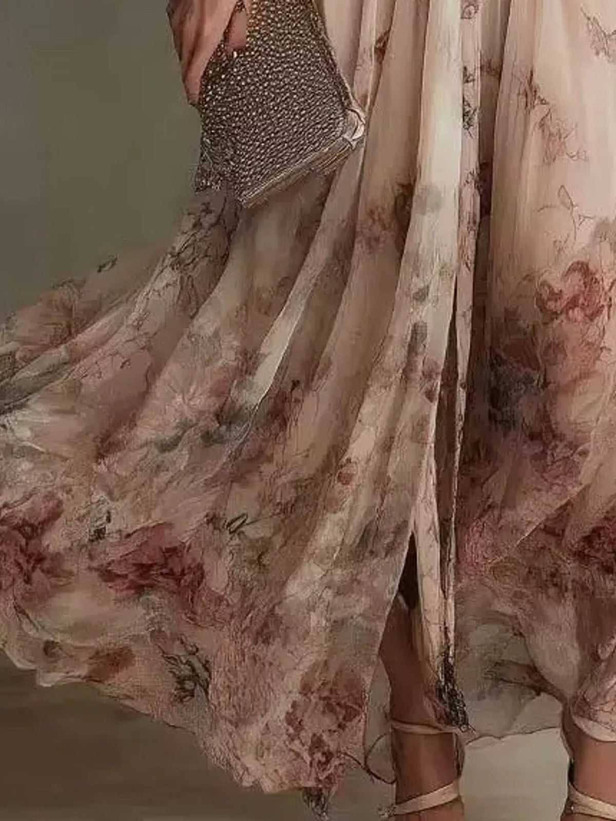 floral print long sleeve maxi dress – split | dropsona - neutral - close-up detail