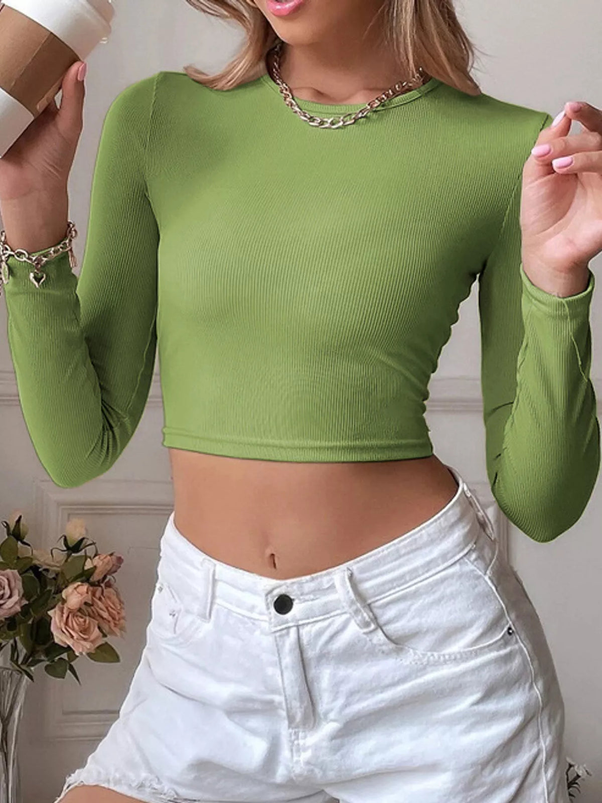 cutout back long sleeve crop t-shirt | dropsona - neutral - front view