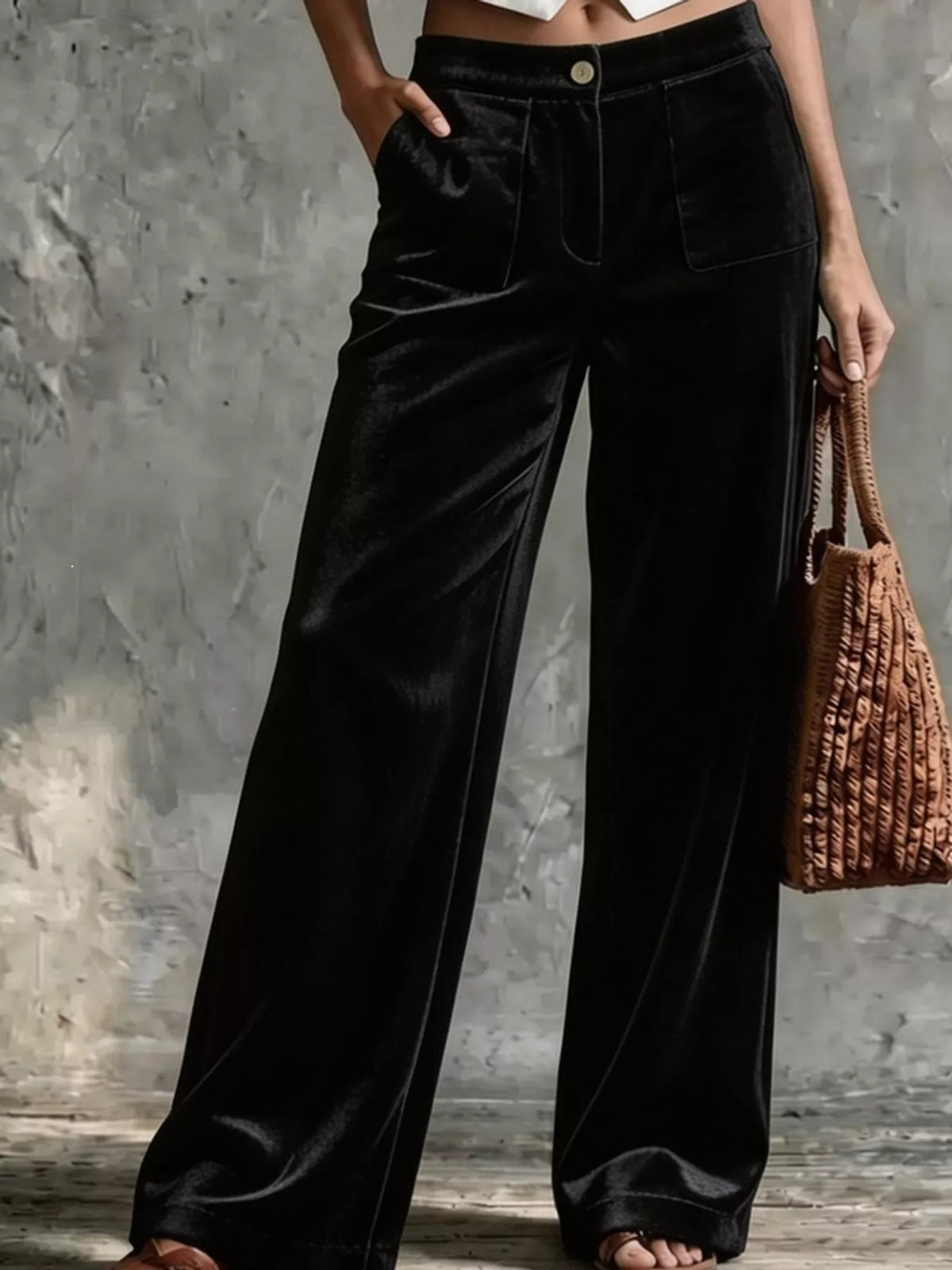 full size high-waisted wide-leg velvet pants with | dropsona - neutral - packaging