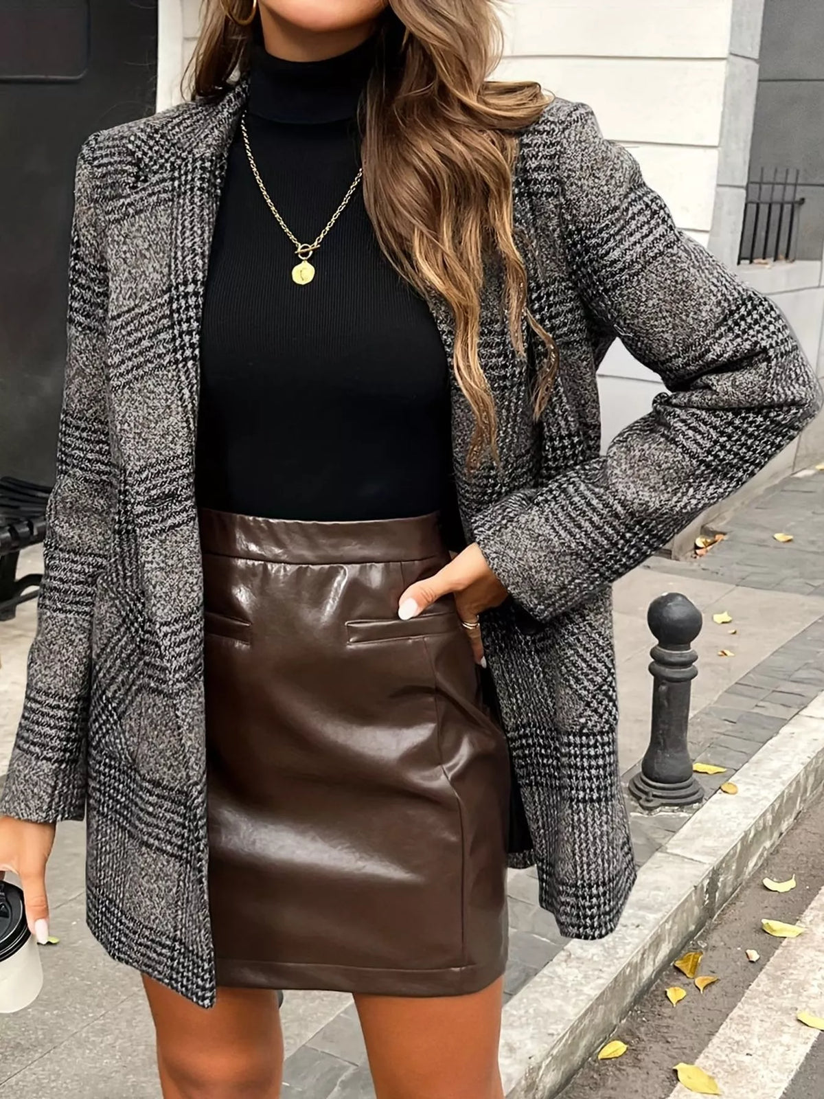 plaid lapel collar outerwear | dropsona polyester 100% - neutral - close-up detail
