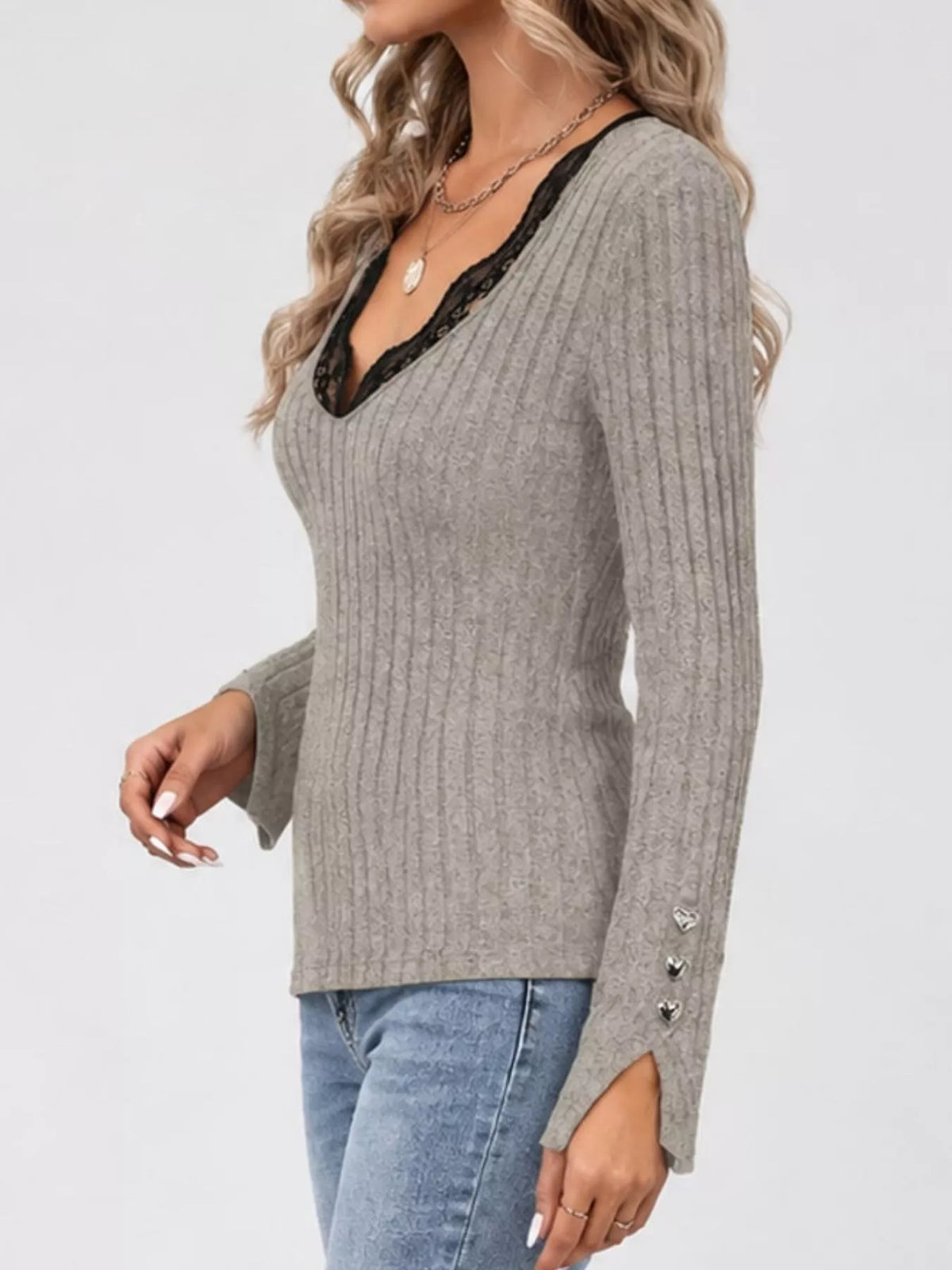 lace trim v-neck ribbed knit top with heart decor | dropsona - neutral - usage example