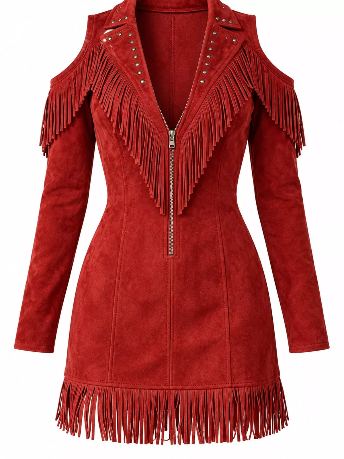 full size fringed cold-shoulder zip-front mini dress | dropsona - neutral - packaging