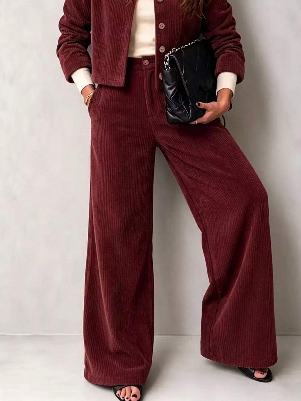full size corduroy button-down jacket and wide-leg | dropsona - neutral - usage example