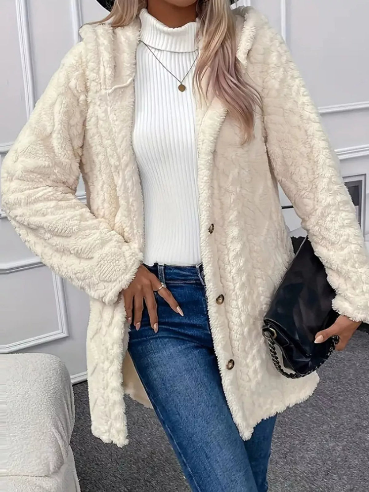 full size cozy cable-knit faux fur hooded outerwear | dropsona - neutral - material texture