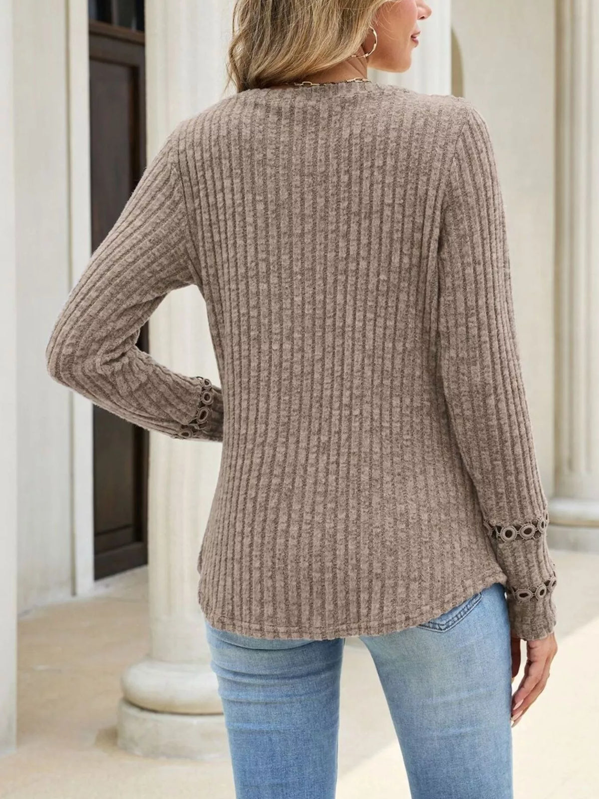 v-neck ribbed knit top with eyelet cuff detail | dropsona - neutral - size reference