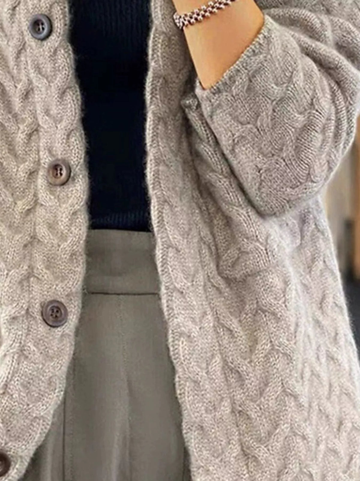 full size textured knit button-down cardigan plus | dropsona - neutral - close-up detail
