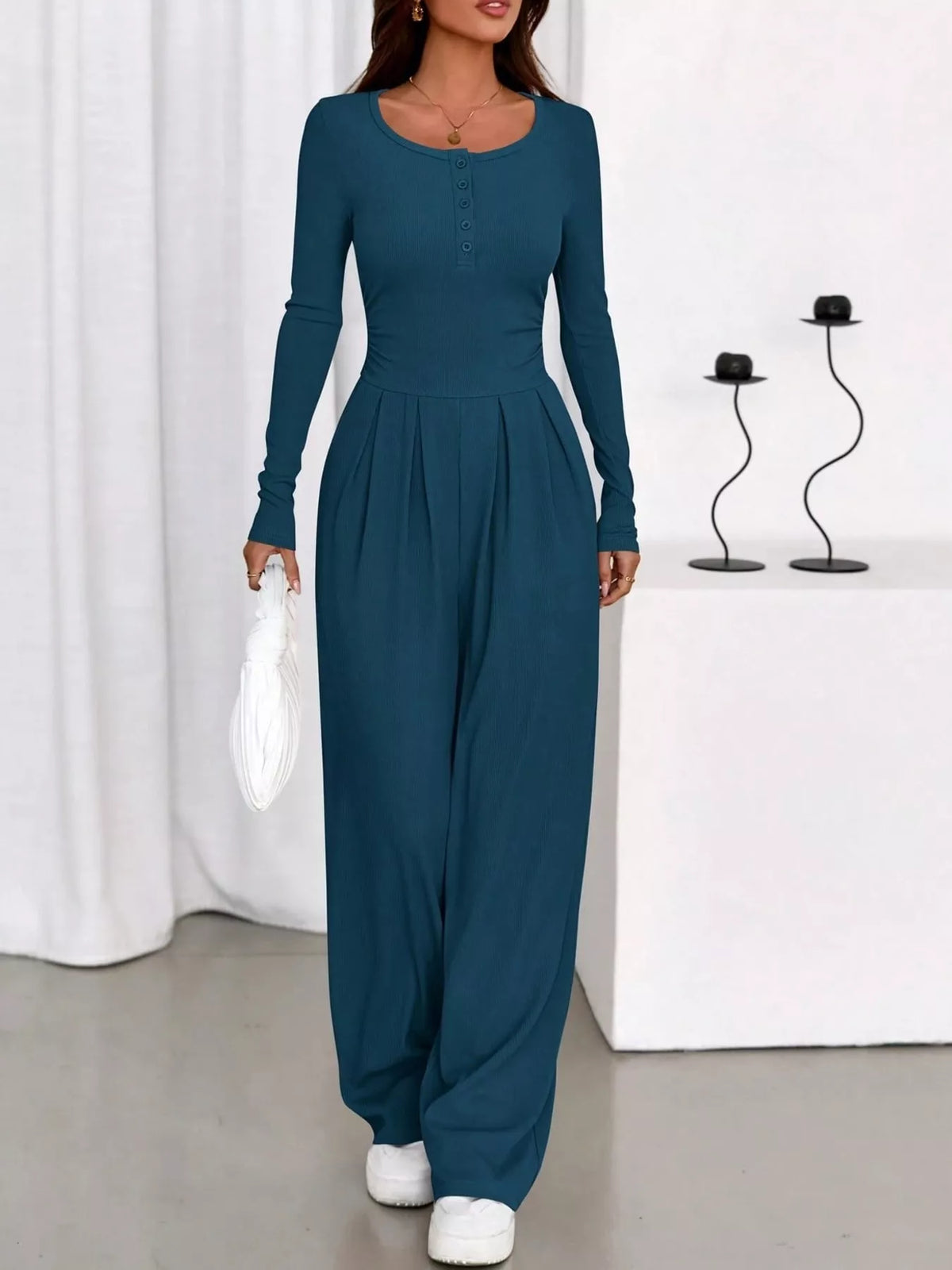long sleeve ribbed knit wide leg jumpsuit | dropsona - neutral - usage example