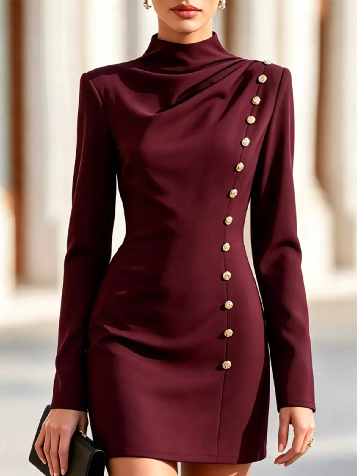mock neck long-sleeve bodycon dress with gold-tone | dropsona - neutral - packaging