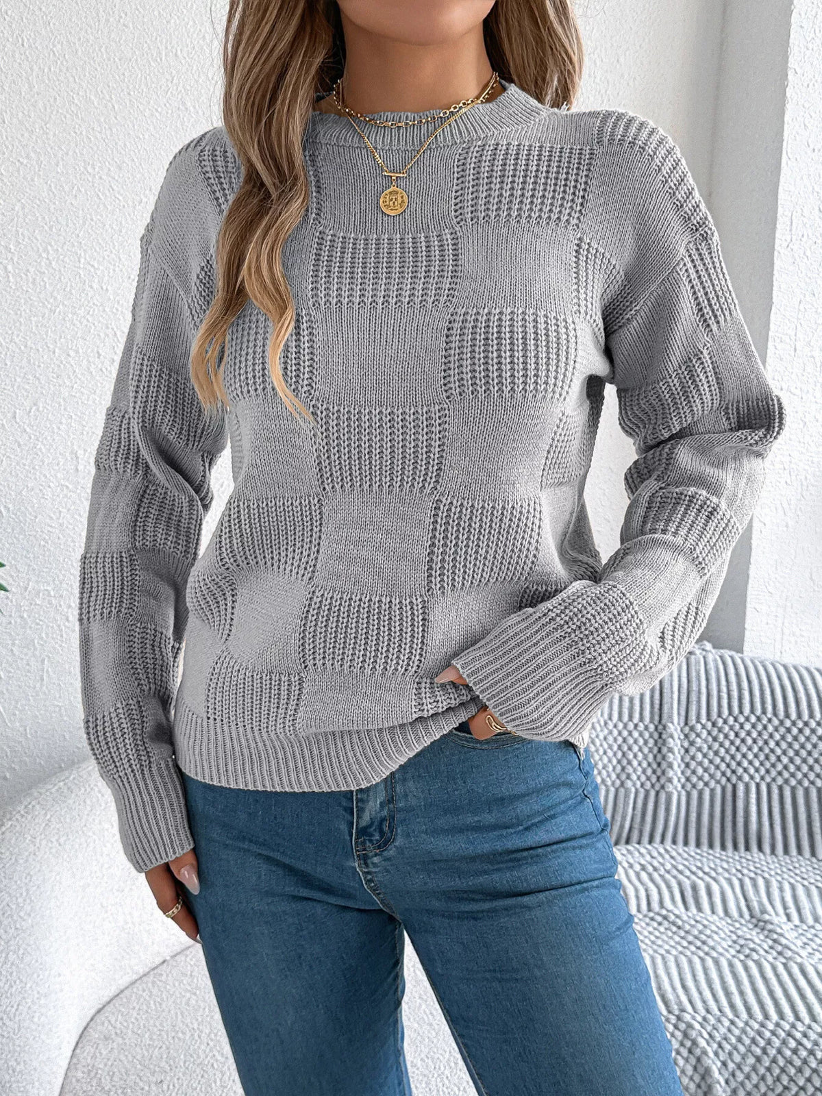 checkerboard textured knit sweater | dropsona - neutral - everyday use