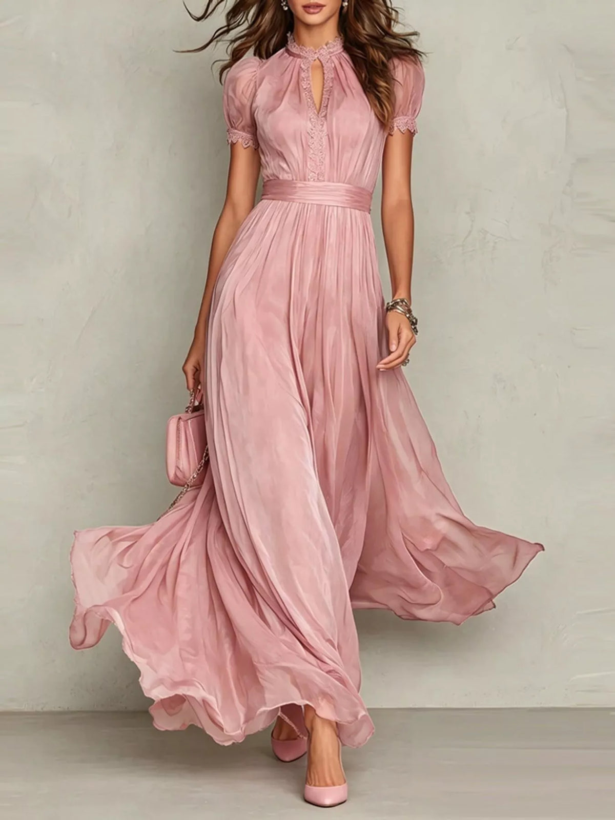 full size elegant sheer chiffon mock-neck maxi dress | dropsona - neutral - front view