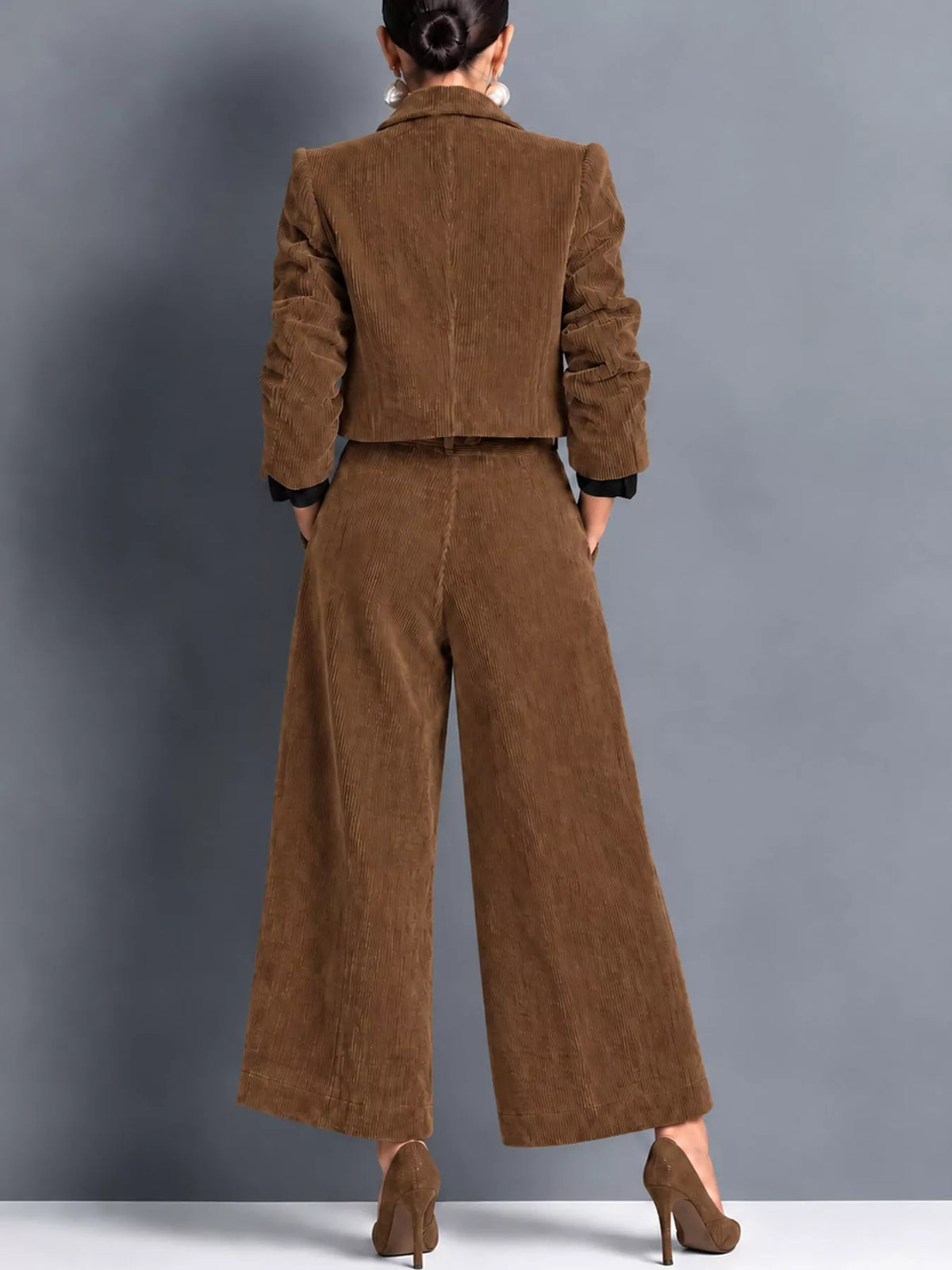 full size corduroy button up blazer and pants set | dropsona - neutral - close-up detail